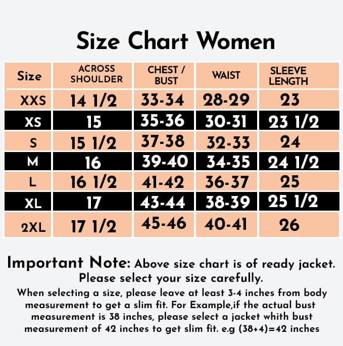 Cone Jackets Size Chart View Women