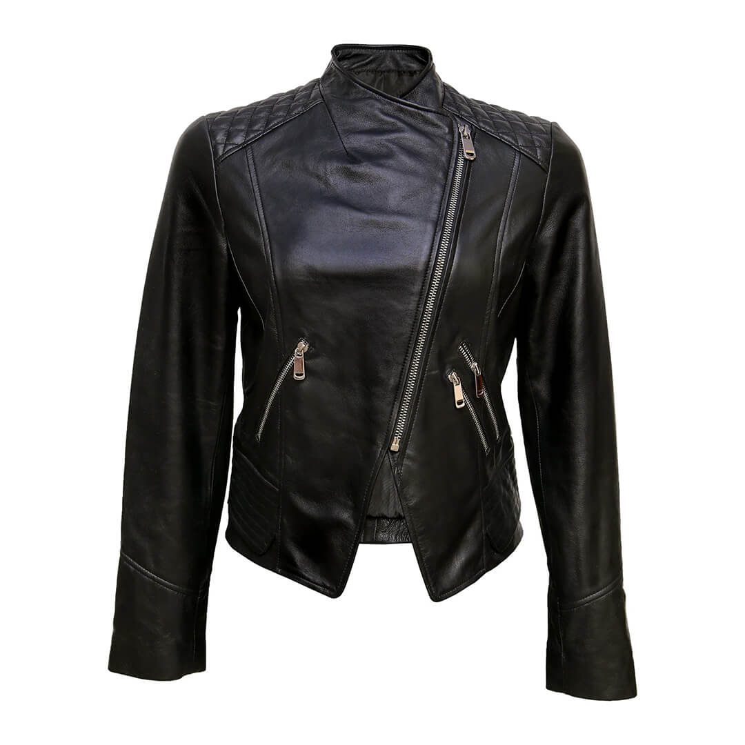 Camilla Black Quilted Racer Leather Moto Jacket with Stylish 3-Zipper Pocket Design for Women