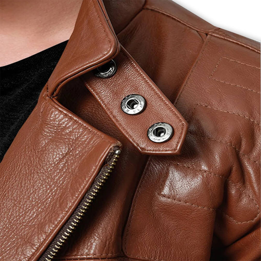 Quilted Brown Leather Biker Jacket for Men