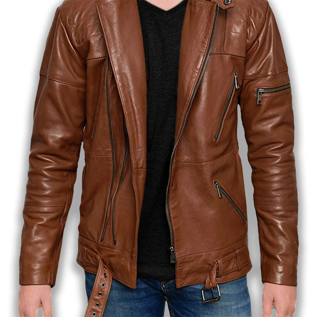 Quilted Brown Leather Biker Jacket for Men