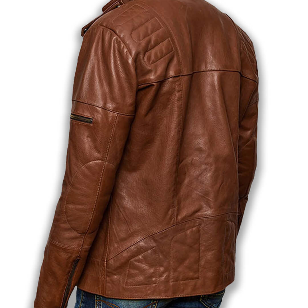 Quilted Brown Leather Biker Jacket for Men