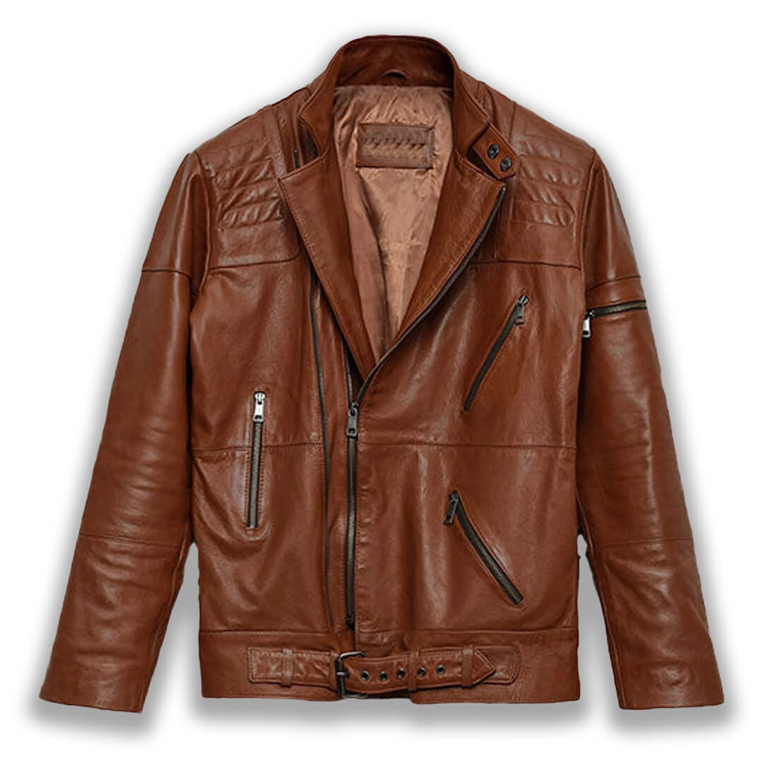 Quilted Brown Leather Biker Jacket for Men