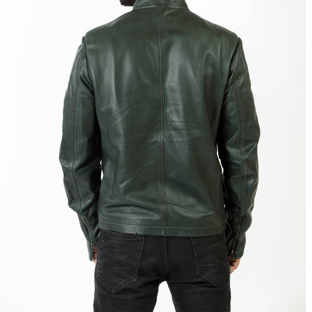 Distressed green leather jacket for men, classic motorcycle style, infused with urban fashion sensibilities, displayed on a neutral background.