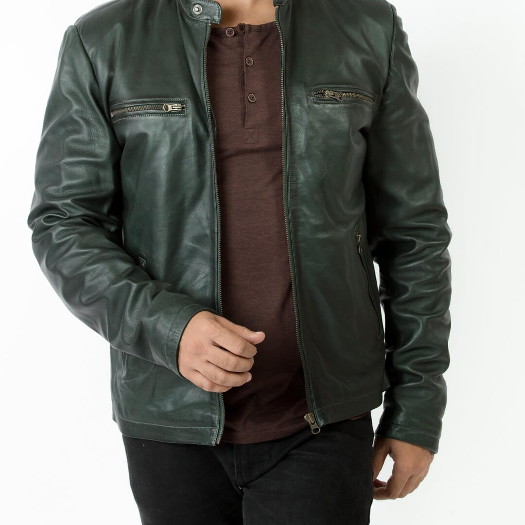 Distressed green leather jacket for men, classic motorcycle style, infused with urban fashion sensibilities, displayed on a neutral background.