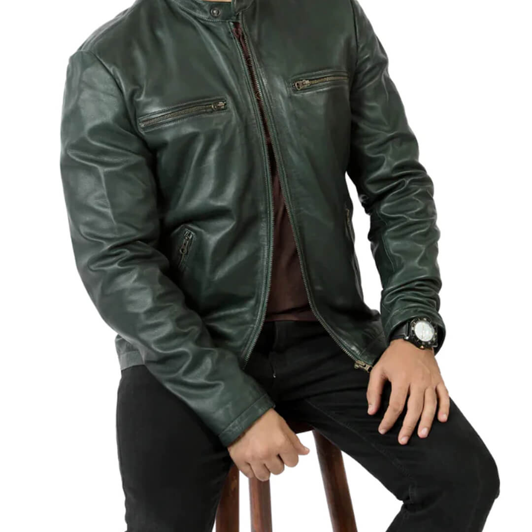 Distressed green leather jacket for men, classic motorcycle style, infused with urban fashion sensibilities, displayed on a neutral background.