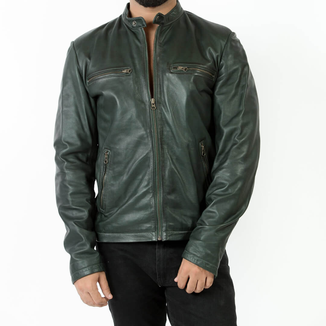 Distressed green leather jacket for men, classic motorcycle style, infused with urban fashion sensibilities, displayed on a neutral background.