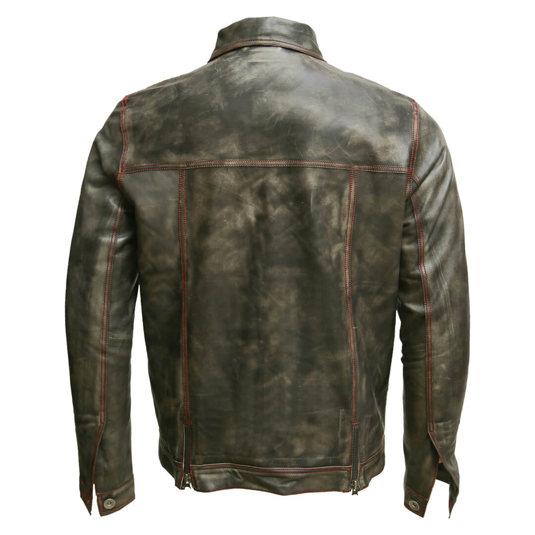 Vintage Men's Leather Motorcycle Jacket with authentic timeless style on wooden background.