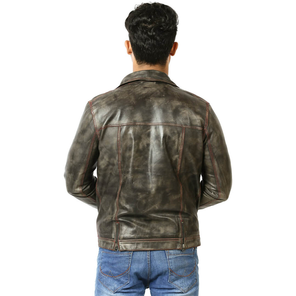 Vintage Men's Leather Motorcycle Jacket with authentic timeless style on wooden background.