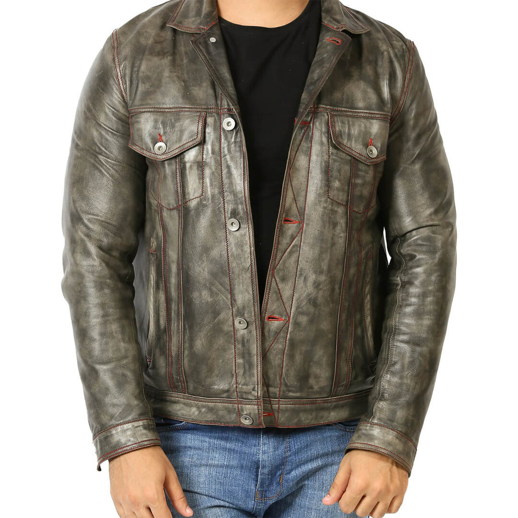 Vintage Men's Leather Motorcycle Jacket with authentic timeless style on wooden background.