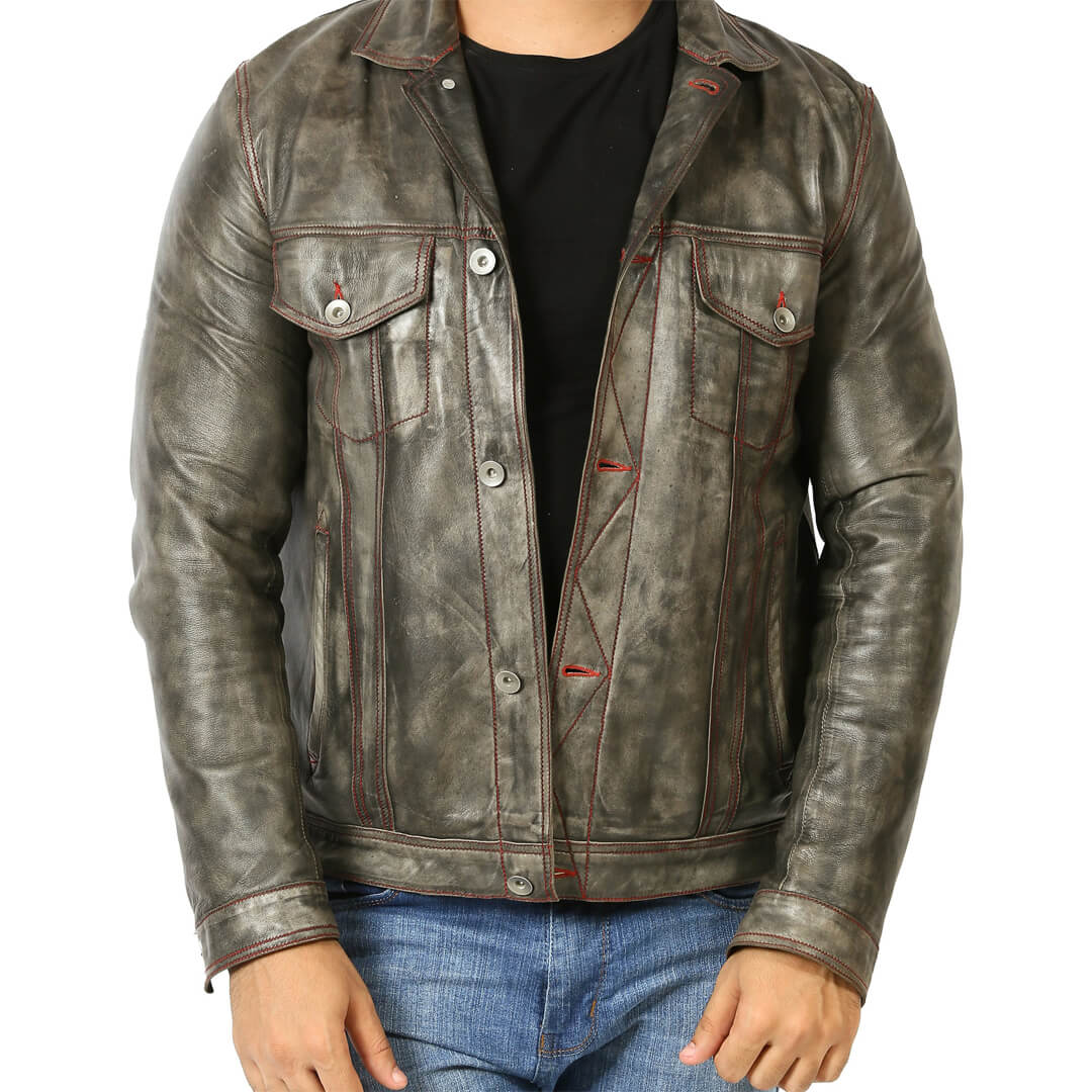 Vintage Men's Leather Motorcycle Jacket with authentic timeless style on wooden background.