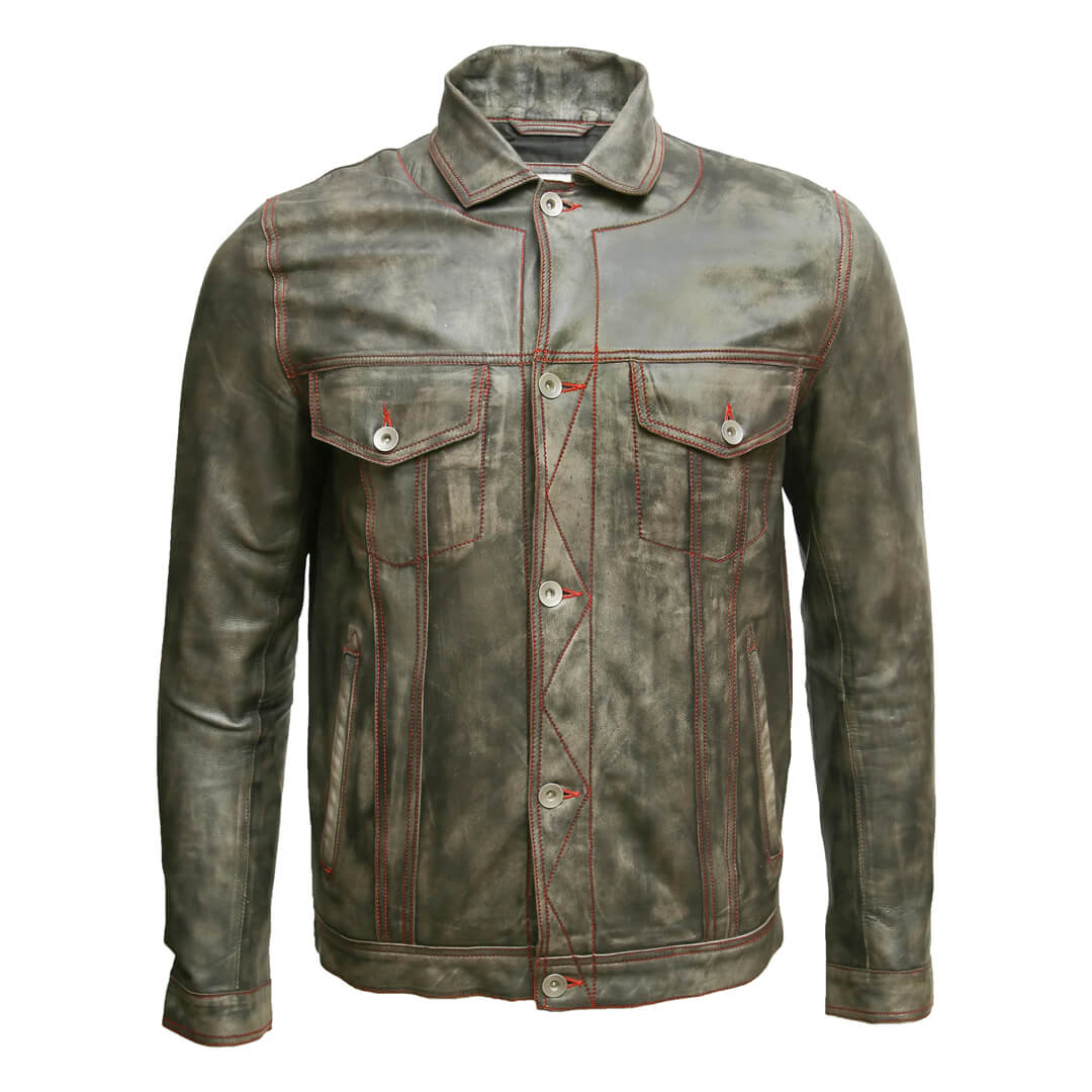 Vintage Men's Leather Motorcycle Jacket with authentic timeless style on wooden background.
