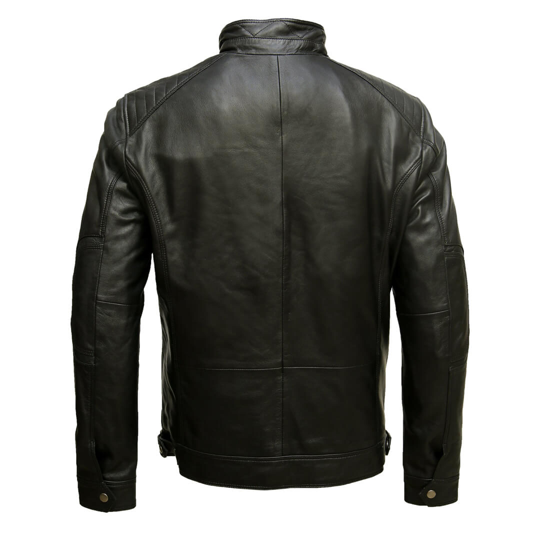 Authentic vintage black leather biker jacket on a hanger, representing chic retro fashion and timeless style.