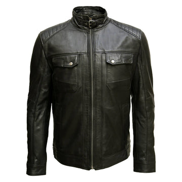 Authentic vintage black leather biker jacket on a hanger, representing chic retro fashion and timeless style.