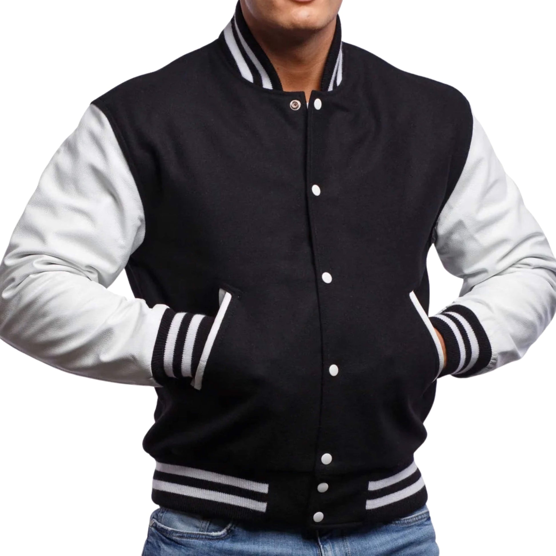 Black Varsity Jacket Men's Real White Leather Sleeves The Jacket Makerss