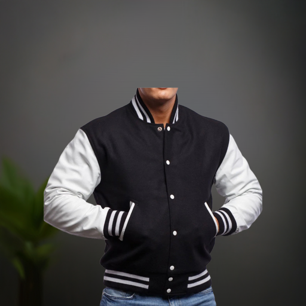 Black Varsity Jacket Men's Real White Leather Sleeves The Jacket Makerss