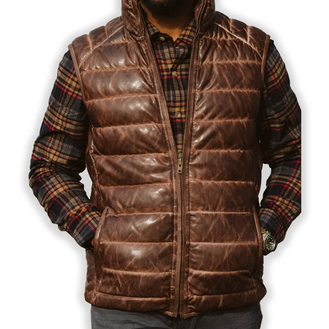 Handcrafted Griffin brown leather biker vest jacket, showcasing a classic waistcoat design perfect for casual wear.
