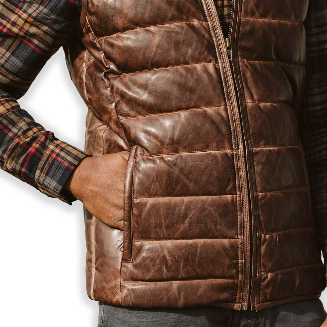 Handcrafted Griffin brown leather biker vest jacket, showcasing a classic waistcoat design perfect for casual wear.