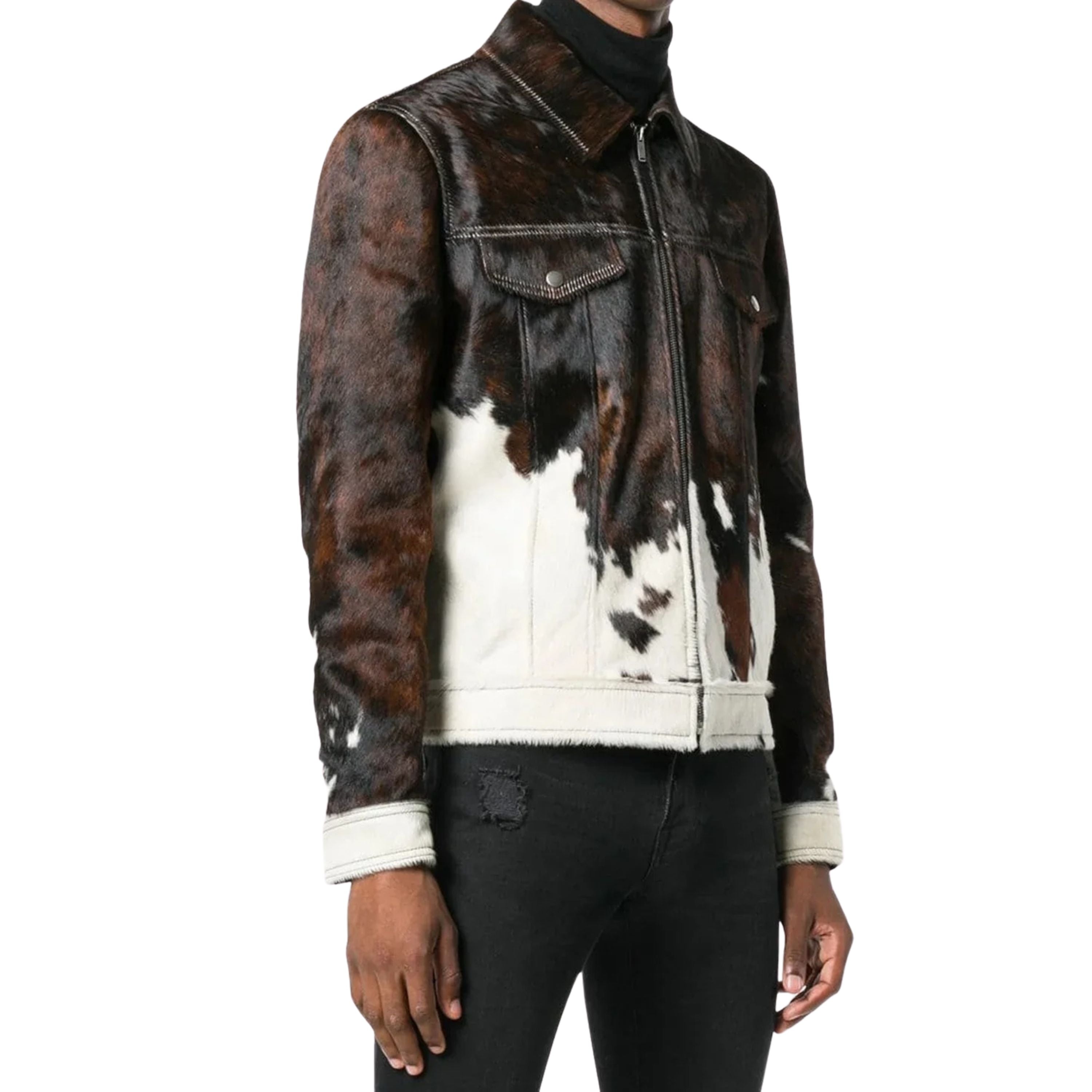 Maverick Cowhide Biker Jacket - Men's Real Leather Hair on Cow Skin, Cowboy Motorcycle Coat