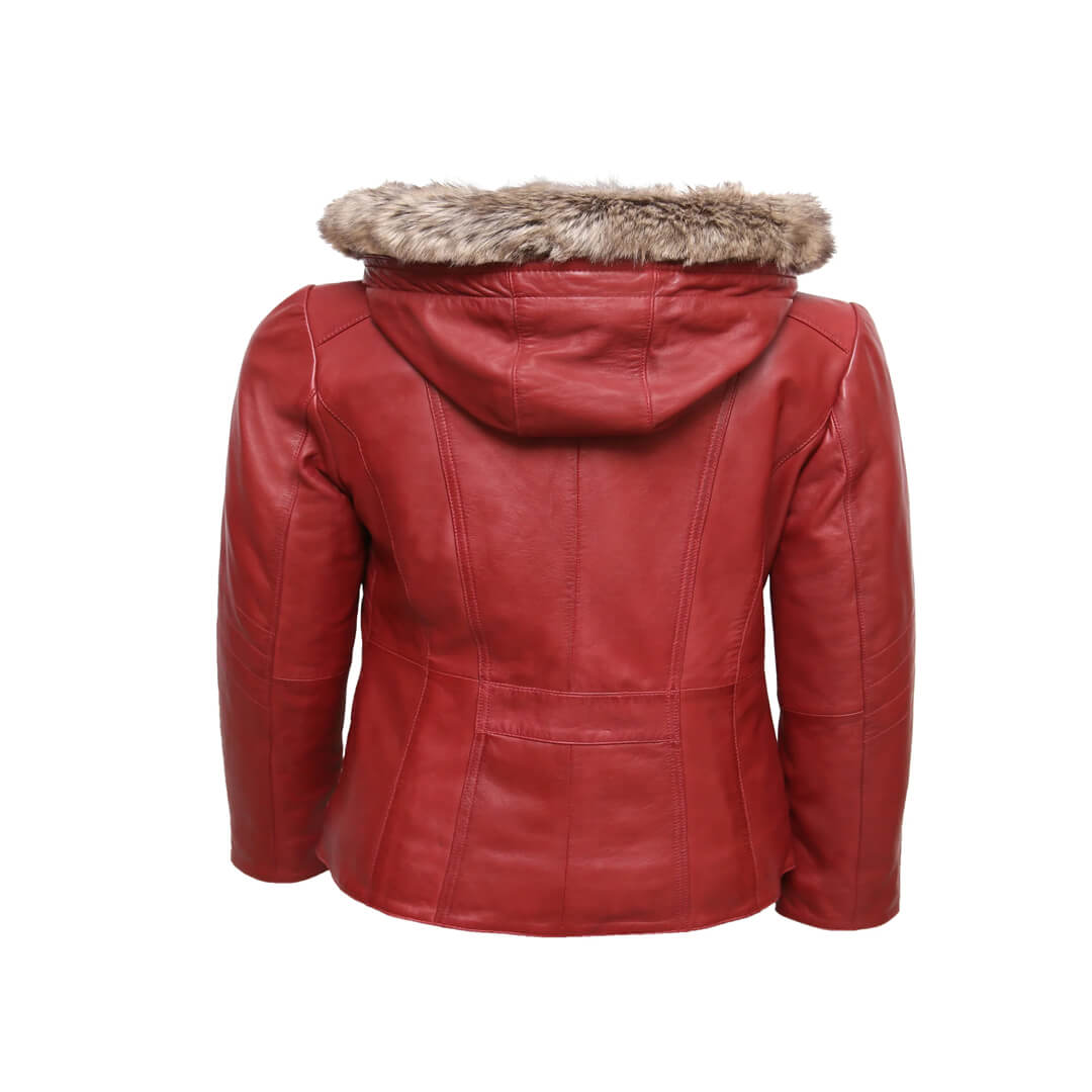 Elegant women's dark pink leather jacket with fur lining and hood, showcasing stylish winter fashion.