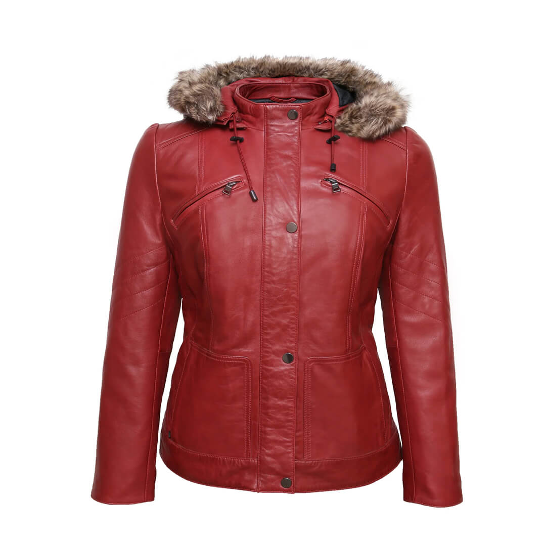 Elegant women's dark pink leather jacket with fur lining and hood, showcasing stylish winter fashion.