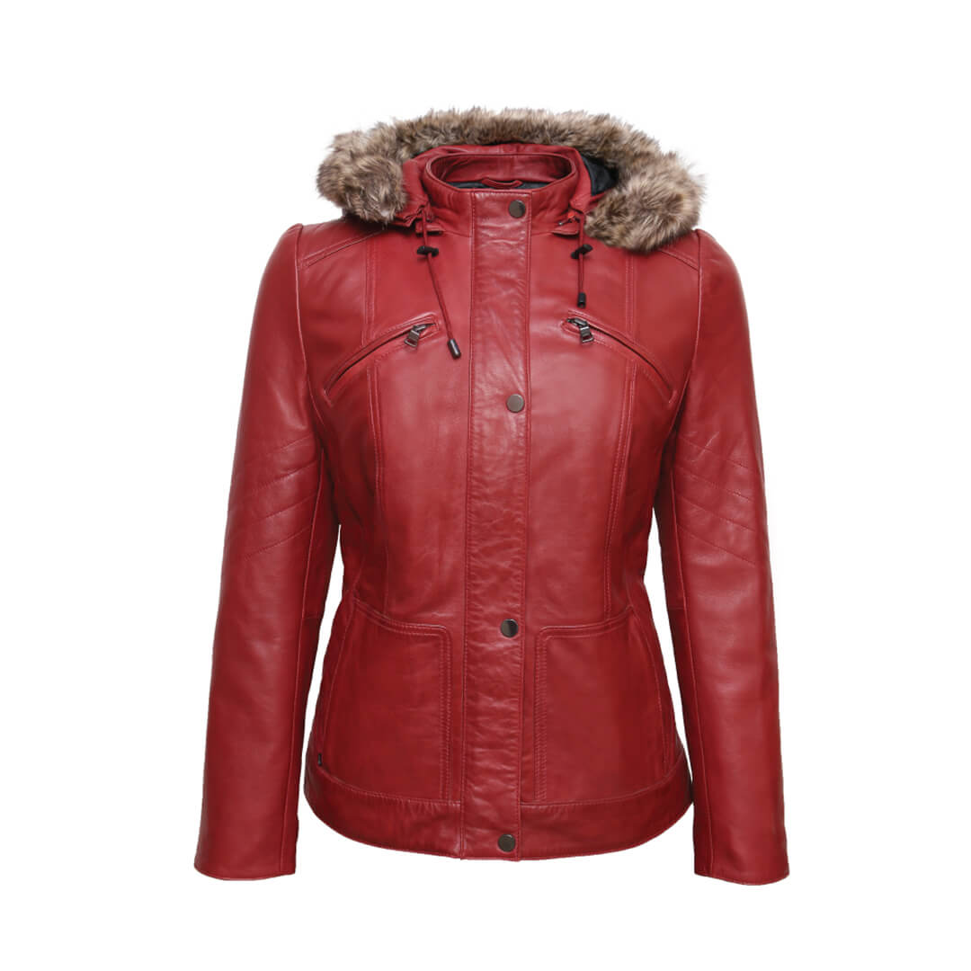 Elegant women's dark pink leather jacket with fur lining and hood, showcasing stylish winter fashion.