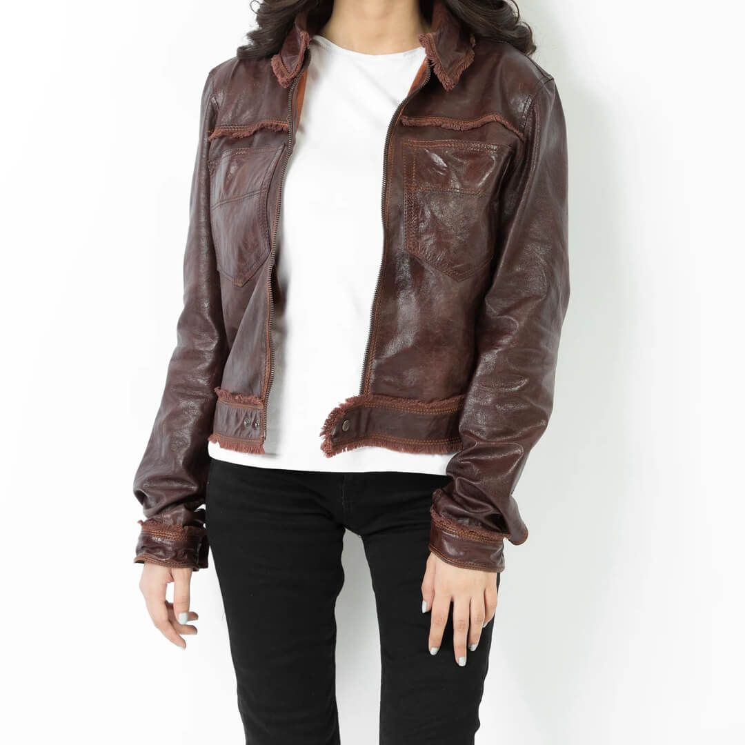 Vintage Leather Hoodie for Women - HILDA Dark Brown, Soft and Cozy Long Sleeve Jacket