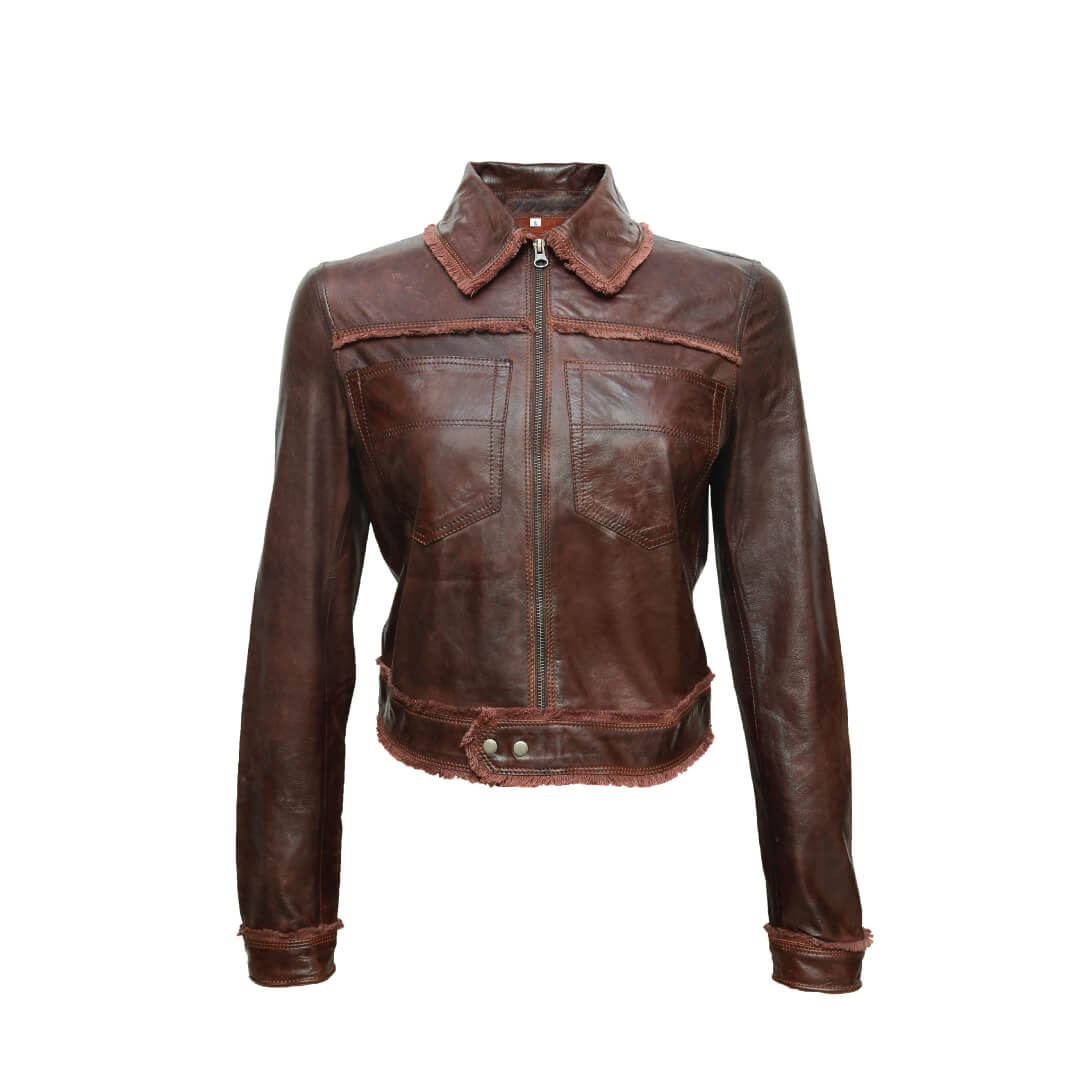 Vintage Leather Hoodie for Women - HILDA Dark Brown, Soft and Cozy Long Sleeve Jacket