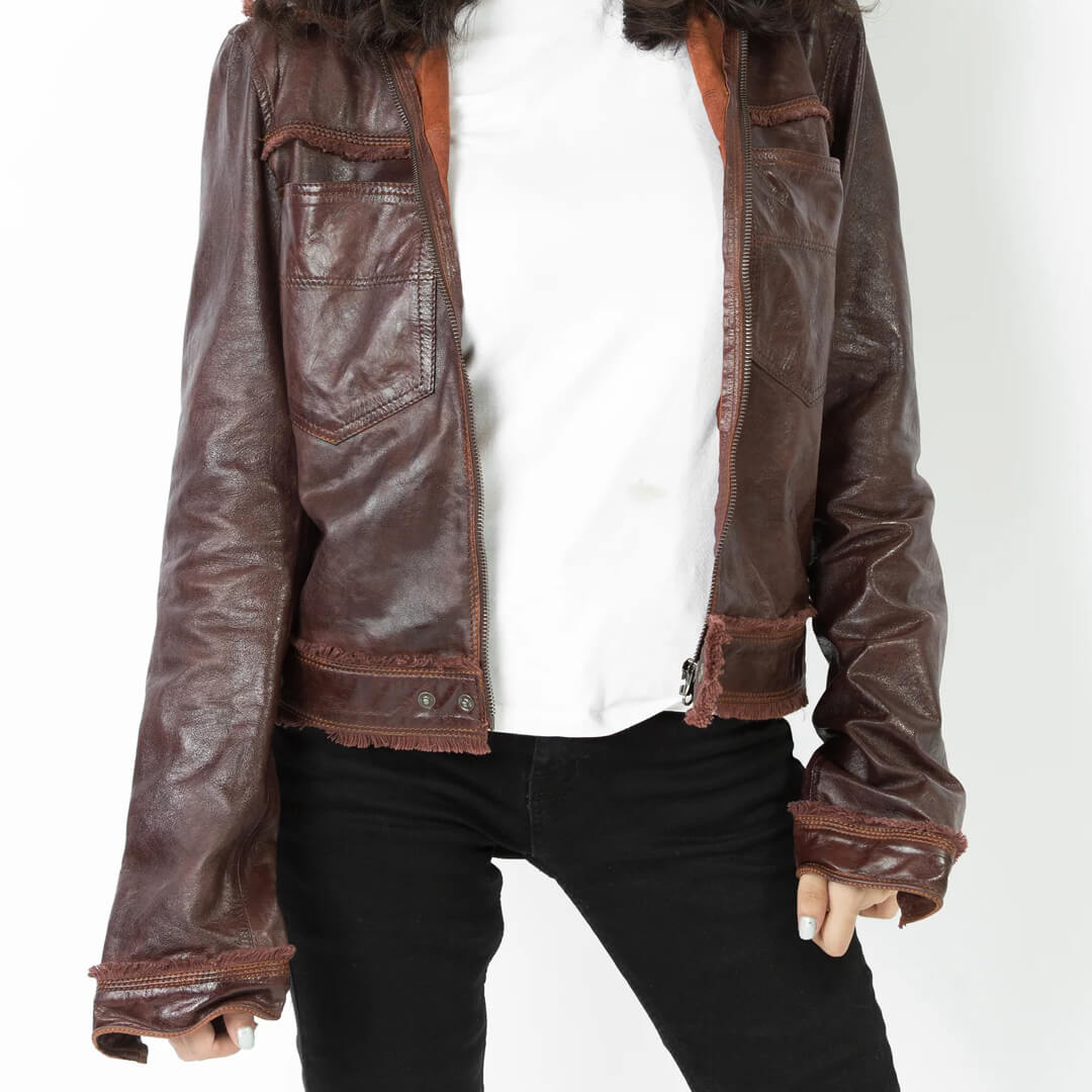 Vintage Leather Hoodie for Women - HILDA Dark Brown, Soft and Cozy Long Sleeve Jacket