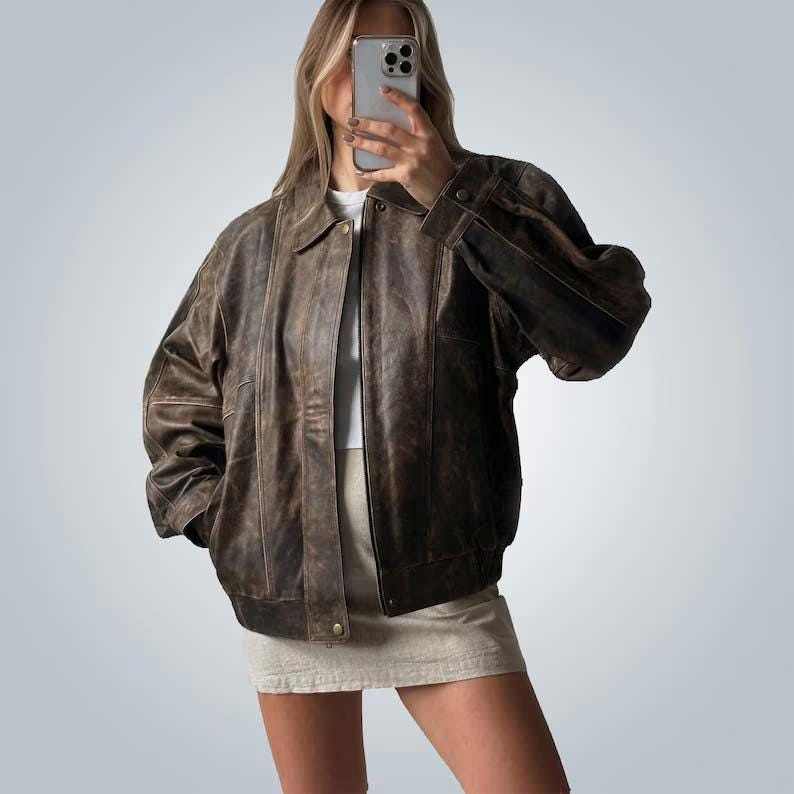 1980s Oversized Retro Distressed Brown Vintage Real Leather Jacket Women’s Streetwear Loose Fit Boxy Leather Jacket, Gift For her
