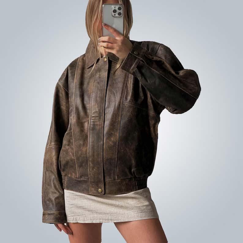 1980s Oversized Retro Distressed Brown Vintage Real Leather Jacket Women’s Streetwear Loose Fit Boxy Leather Jacket, Gift For her