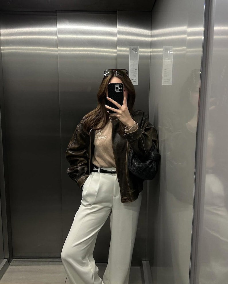 Overseize Distressed Brown Leather Jacket for All Retro, Casual Style - Classic Brown Designer leather jackets for women, Easter Sale