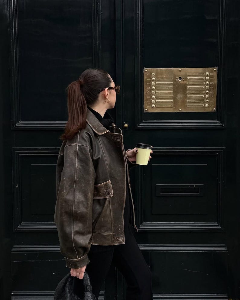 Overseize Distressed Brown Leather Jacket for All Retro, Casual Style - Classic Brown Designer leather jackets for women, Easter Sale