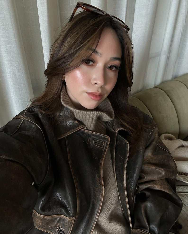 Overseize Distressed Brown Leather Jacket for All Retro, Casual Style - Classic Brown Designer leather jackets for women, Easter Sale