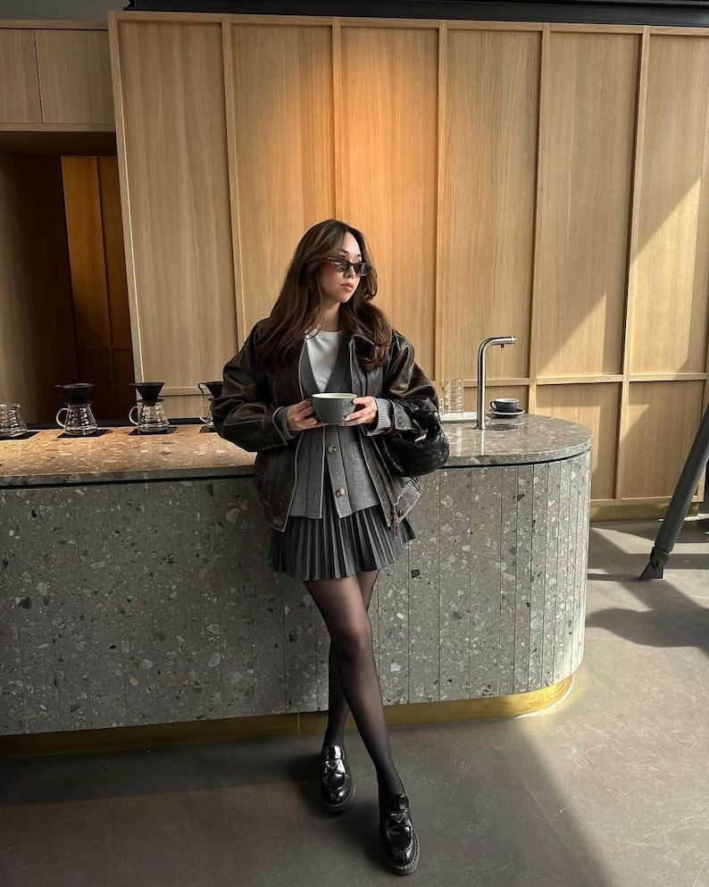 Overseize Distressed Brown Leather Jacket for All Retro, Casual Style - Classic Brown Designer leather jackets for women, Easter Sale