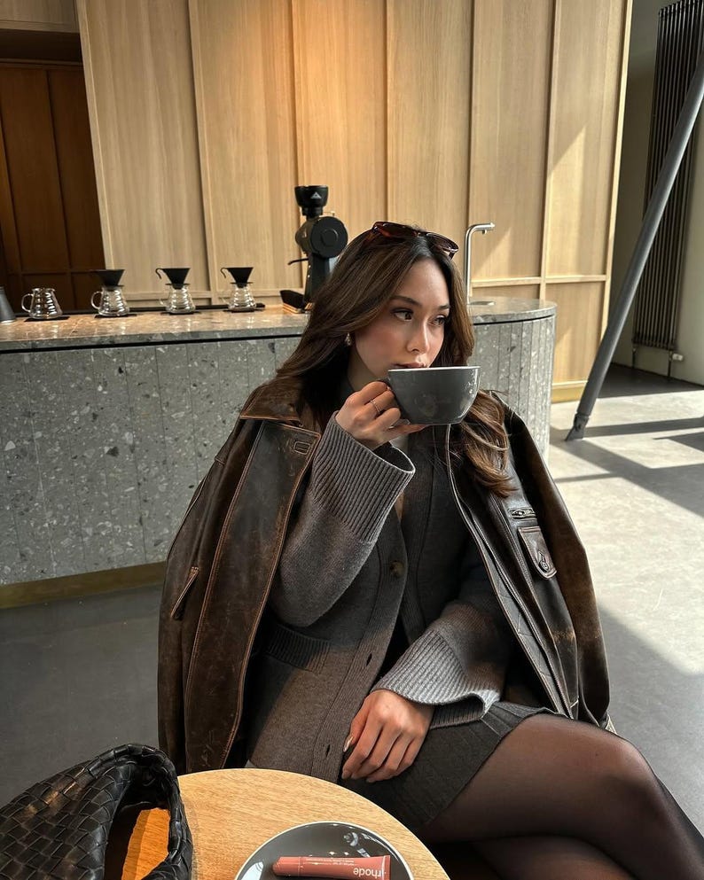 Overseize Distressed Brown Leather Jacket for All Retro, Casual Style - Classic Brown Designer leather jackets for women, Easter Sale