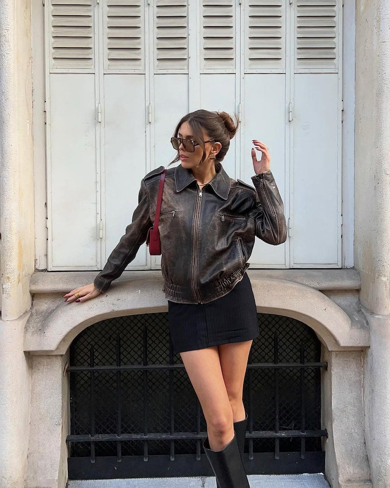 Vintage 90s Oversized Leather Bomber Jacket ,Distressed Black Real Leather Jacket,  Parisian Street Style Women’s Outerwear.