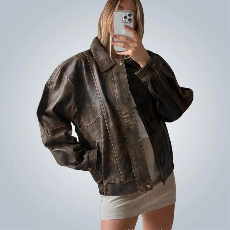 1980s & 90s Oversized Retro Distressed Brown Vintage Handmade Real Leather Jacket Women’s Streetwear Loose Fit Boxy Leather Coat,Ladies gift