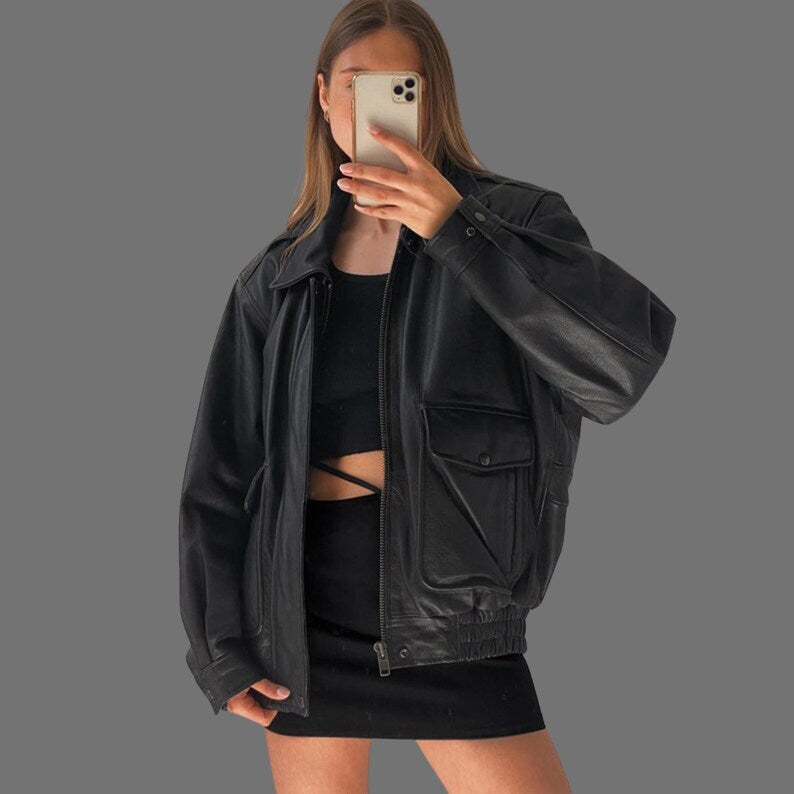 1980s Women Handmade Black Oversized Vintage Bomber Retro Real Leather Jacket | Ladies Oversize Genuine Leather Jacket