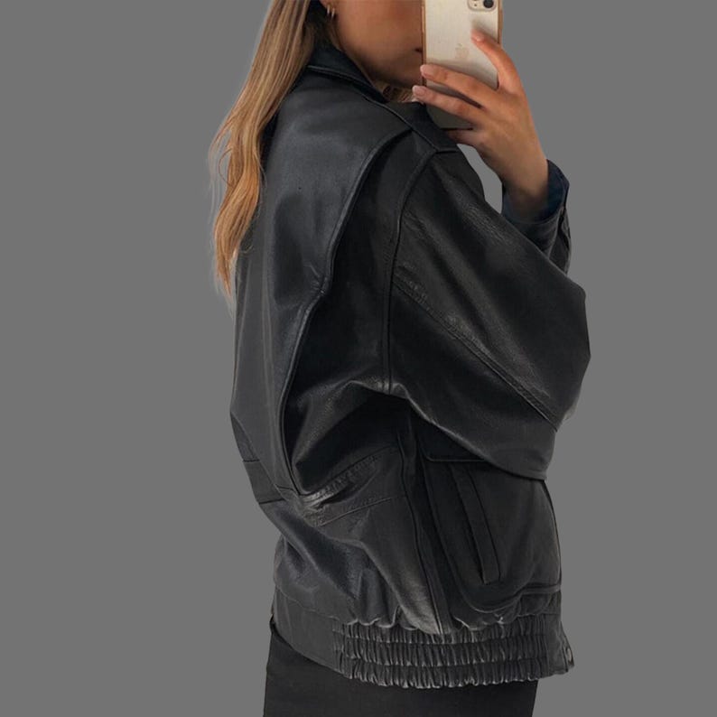 1980s Women Handmade Black Oversized Vintage Bomber Retro Real Leather Jacket | Ladies Oversize Genuine Leather Jacket