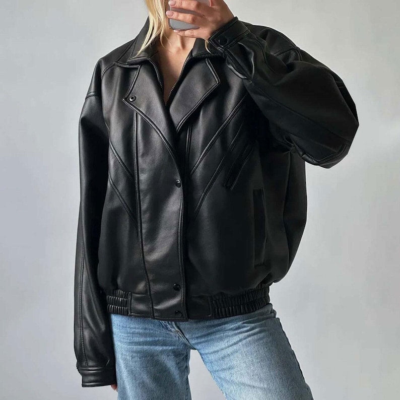Vintage Black Leather Bomber Jacket 90s Oversized Genuine Leather Jacket  Outerwear Gift For Here Ladies Soft Leather Jacket
