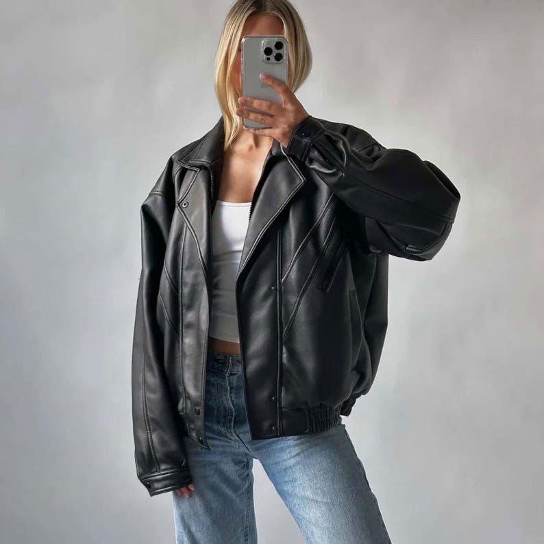 Vintage Black Leather Bomber Jacket 90s Oversized Genuine Leather Jacket  Outerwear Gift For Here Ladies Soft Leather Jacket