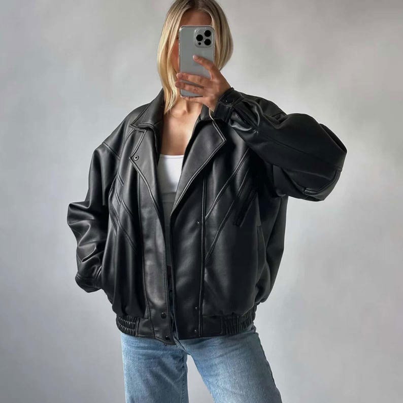 Vintage Black Leather Bomber Jacket 90s Oversized Genuine Leather Jacket  Outerwear Gift For Here Ladies Soft Leather Jacket