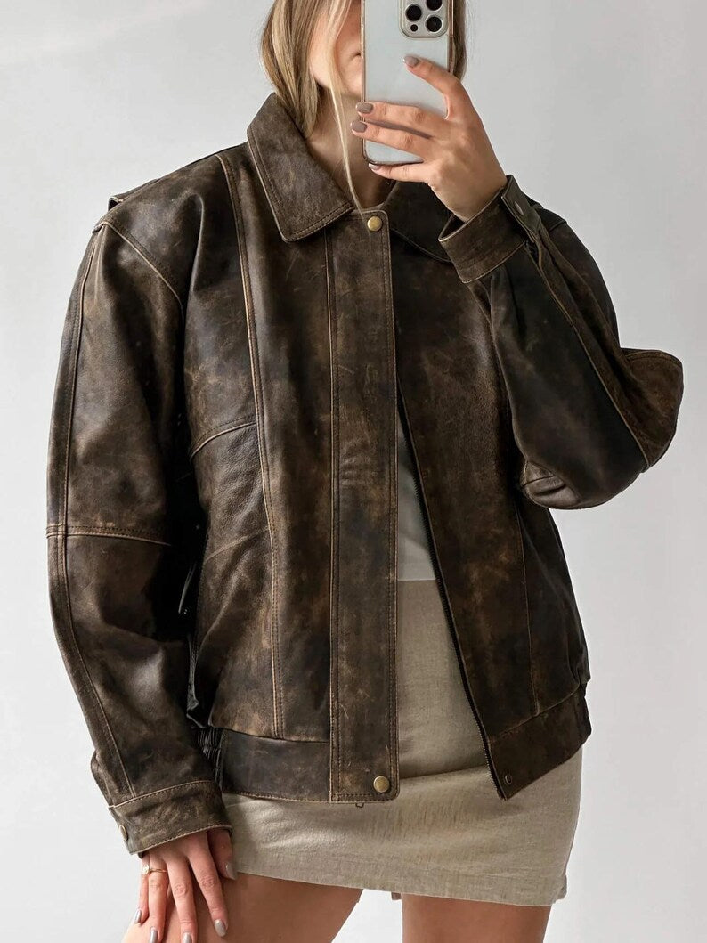 1980s Distressed Brown Oversized Retro Vintage Real Leather Jacket, Women’s Streetwear Loose  Leather Jacket, Ladies Jacket Gift For her