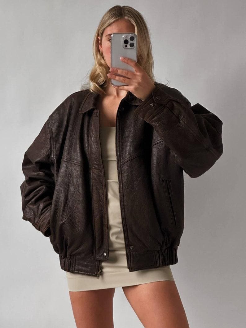 Women Handmade Brown Oversize Bomber Lambskin Soft Real Leather Jacket | Women Casual Wear Genuine Leather Jacket, Gift for women