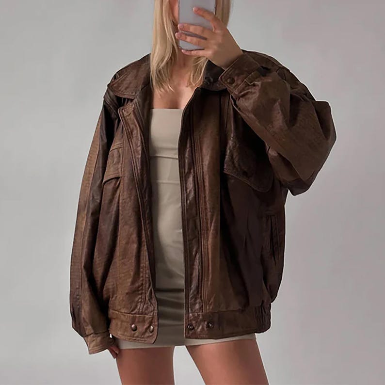 1980's Women Handmade Brown Oversize Bomber Lambskin Soft Real Leather Jacket, Womens Casual Wear Genuine Leather Jacket, Gift for Him women