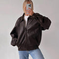 1980's Women Brown Leather Bomber Jacket, Ladies Oversized Straight Cut Sheep Leather Jacket, Women's Soft Real Leather Jacket, Gift for her