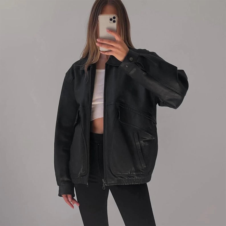 Women Handmade Oversize Bomber Leather Jacket, Women's Black Oversize Jacket, Ladies Christmas Gift, Gift for Her, 90's Style & Fashion
