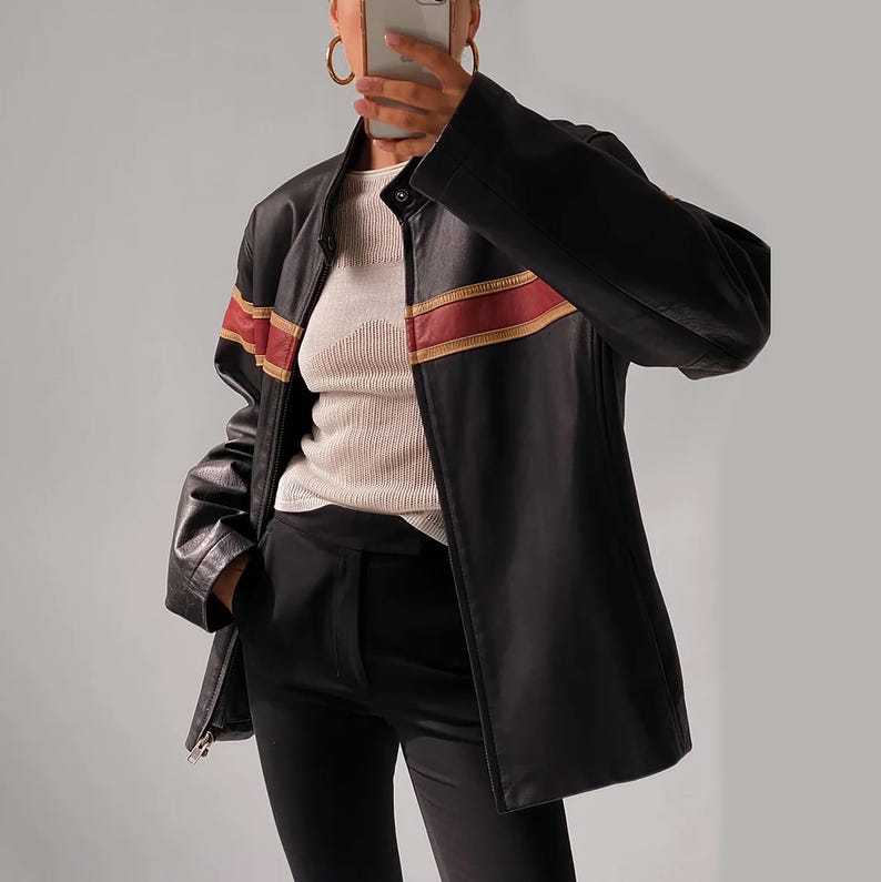 1980's Women Distressed Black Oversized Jacket, Women's Casual Genuine Leather Jacket, Women Black Striped Jacket, Christmas Gift For Her