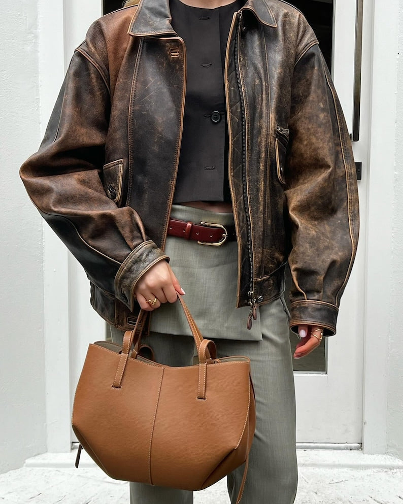 Women's Distressed Brown Oversized Leather Jacket, Women 1980's Style Jacket, Ladies Bomber Jacket, Soft Leather, Christmas Gift For Her