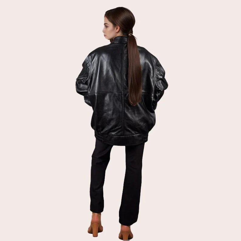 Women's Bomber Oversized Leather Jacket, Women 1980's Style Jacket, Ladies Black Bomber Jacket, Soft Leather, Gift For Her, Real Leather